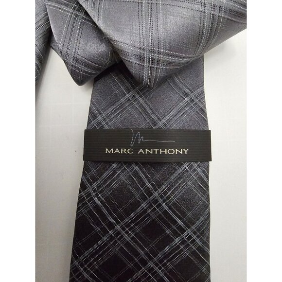 Marc Anthony Necktie Black Holiday Plaid Black Necktie Tie Silk Style NEW NWT - Picture 2 of 7